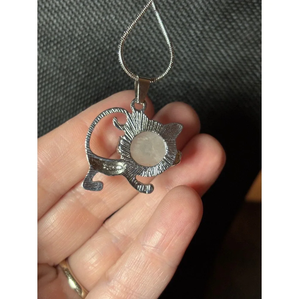 Silver Tone Cat Pendant Necklace White Stone Black Eyes Snake Chain Adjustable